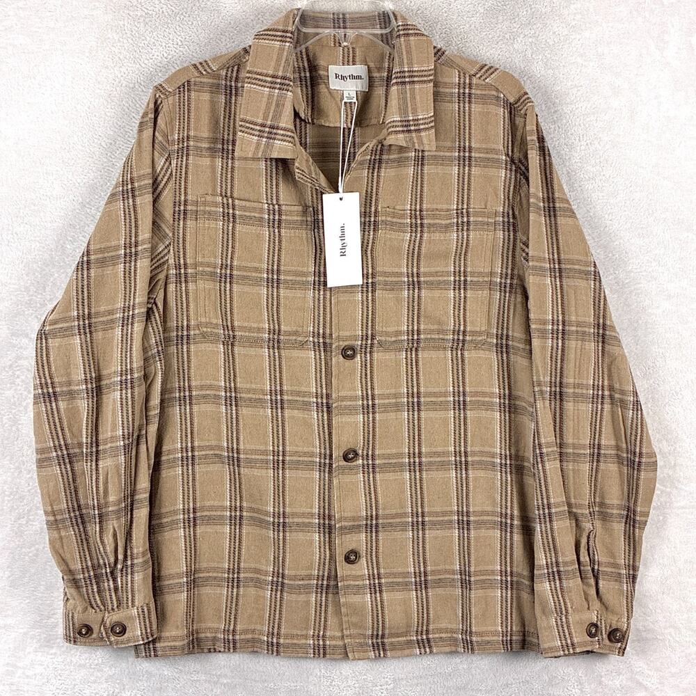 Rhythm Flannel Shirt Mens L Brown Tan Plaid Preppy Classic Outdoors Huckberry